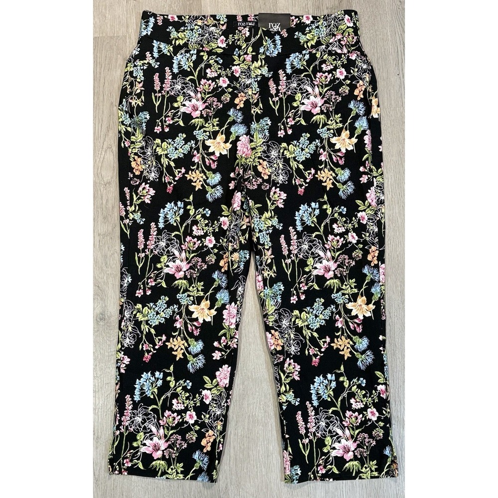 Roz & Ali Classic Fit Crop Pants Women's 14 Black Floral High Waist Stretch NWT